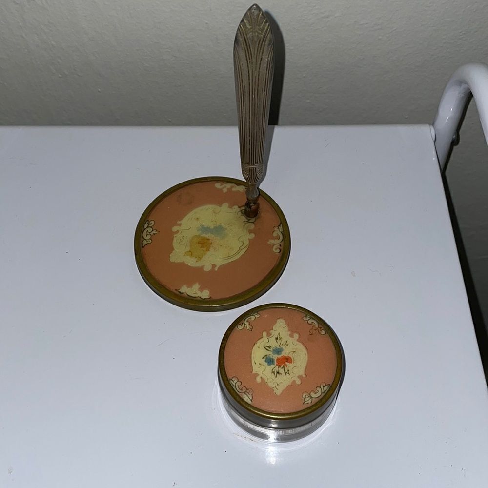 Vtg 40s/50s pink & cream‎ mirror & jar set